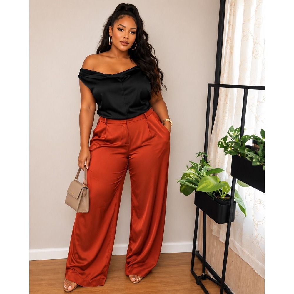 Fashion Nova Rust Orange Satin Wide Leg Pleated Trousers Size Large